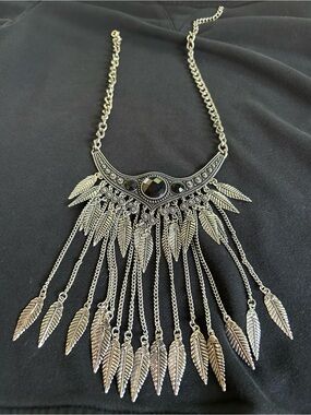 Silver Tone Black Stone Feather Fringe Statement Bib Necklace